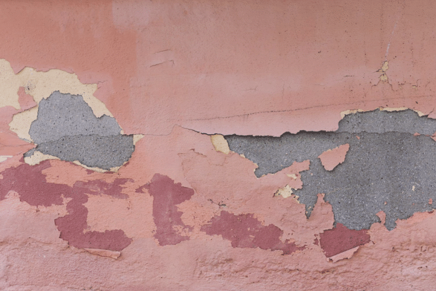 A close-up shot of a concrete wall with significant paint peeling, revealing the textured surface beneath.